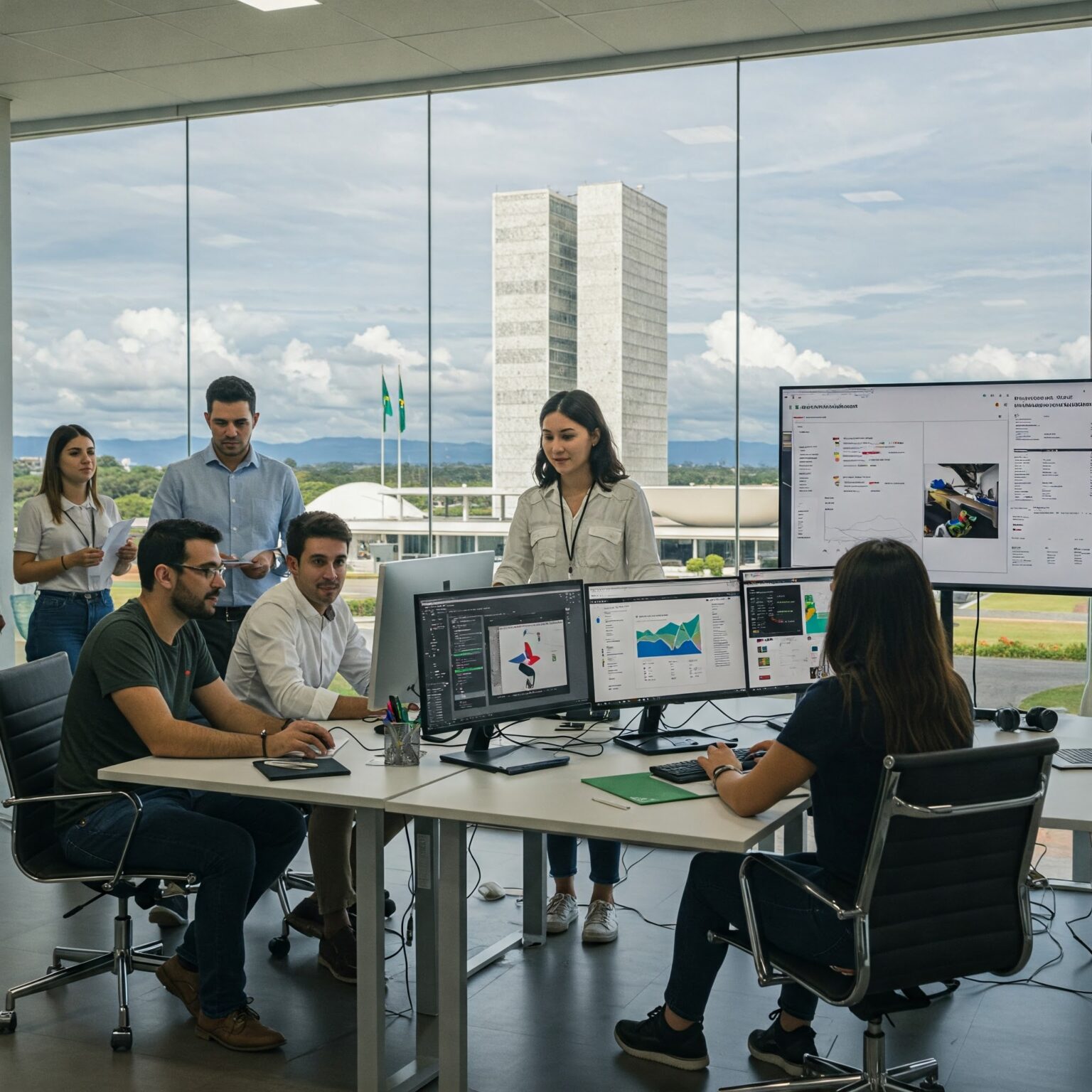 Profissionais de marketing digital colaborando em Brasília, com o Congresso Nacional ao fundo.