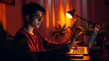 Freelancer brasileiro usando banco digital em home office com celular e notebook