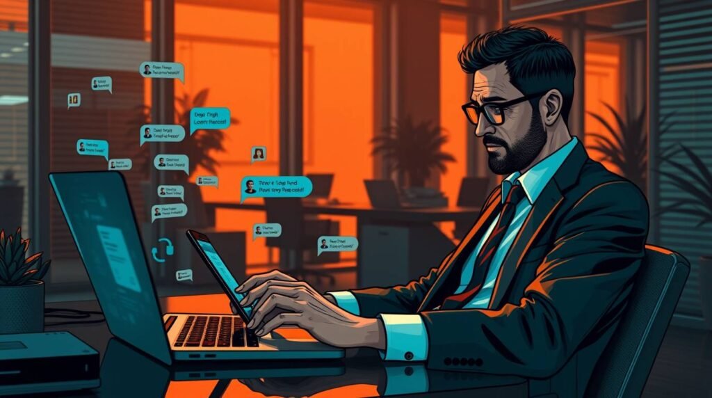 Ilustração realista mostrando um empresário utilizando vários aplicativos de conversa (como Telegram, Messenger, Discord) em um notebook e smartphone ao mesmo tempo, com ícones de mensagens e gráficos de anúncios ao fundo, ambiente de escritório moderno, iluminação natural, estilo fotorrealista.