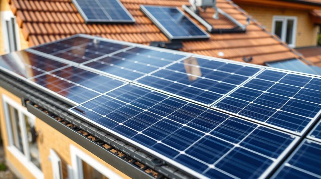 Instalação realista de painéis solares em casa com céu azul e vegetação ao redor