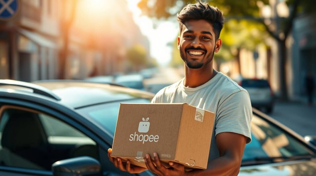 Motorista brasileiro entregando encomendas da Shopee
