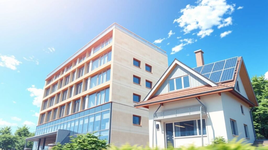 Sistema de energia solar instalado em residência e edifício comercial sob céu limpo.