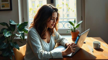 Freelancer de social media trabalhando remotamente com planejamento de redes sociais no notebook