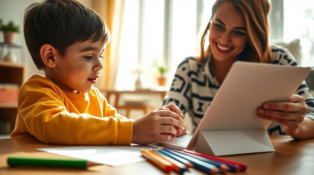 Criança jogando caça-palavras no tablet enquanto mãe imprime outra atividade de caça-palavras em um ambiente familiar com luz natural.
