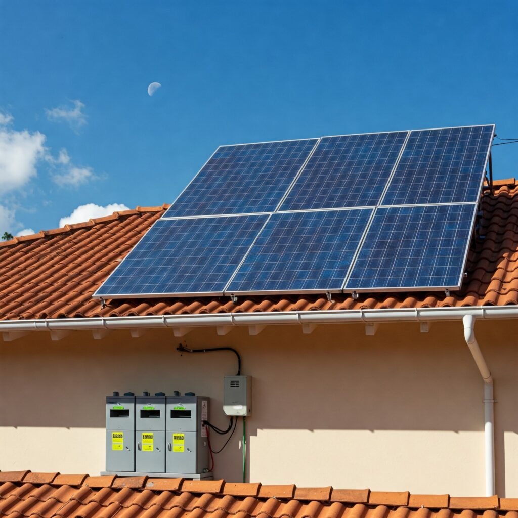 Sistema de armazenamento de energia solar com baterias em residência brasileira.