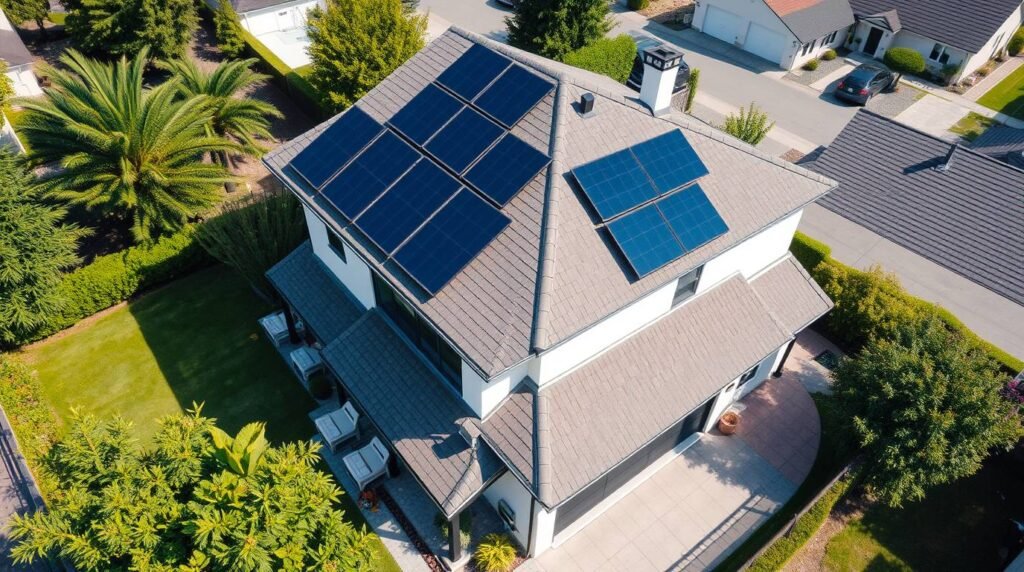 Imagem de uma casa com energia solar no telhado, representando o benefício de desconto no IPTU para imóveis com sistema fotovoltaico.