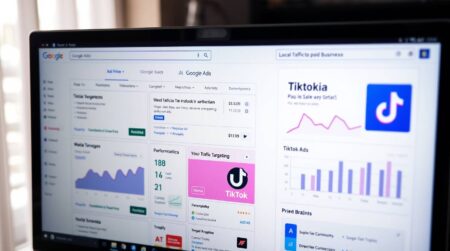 Imagem de uma tela de computador mostrando anúncios pagos do Google Ads, Meta Ads e TikTok Ads com gráficos de desempenho e mapa de Brasília, ilustrando estratégias de tráfego pago para negócios locais.