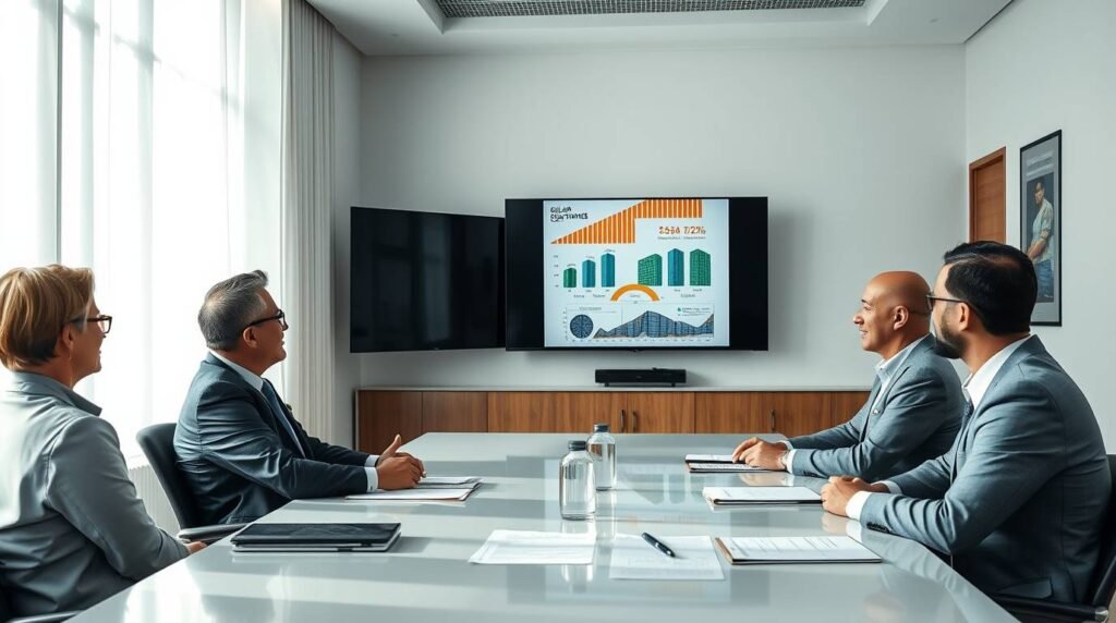 Empresário apresentando projeto de energia solar para governo com gráficos de economia e simulação financeira.