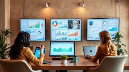 Equipe de especialistas em marketing digital analisando estratégias de gestão de redes sociais para empresas em Brasília.