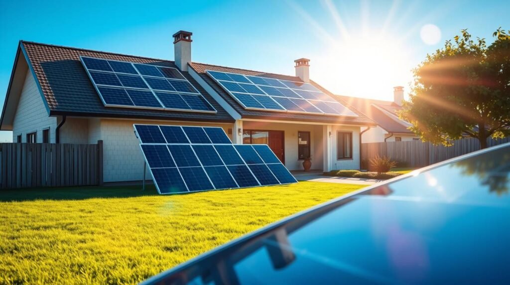 Casa com painéis solares no telhado em dia ensolarado, simbolizando economia e sustentabilidade