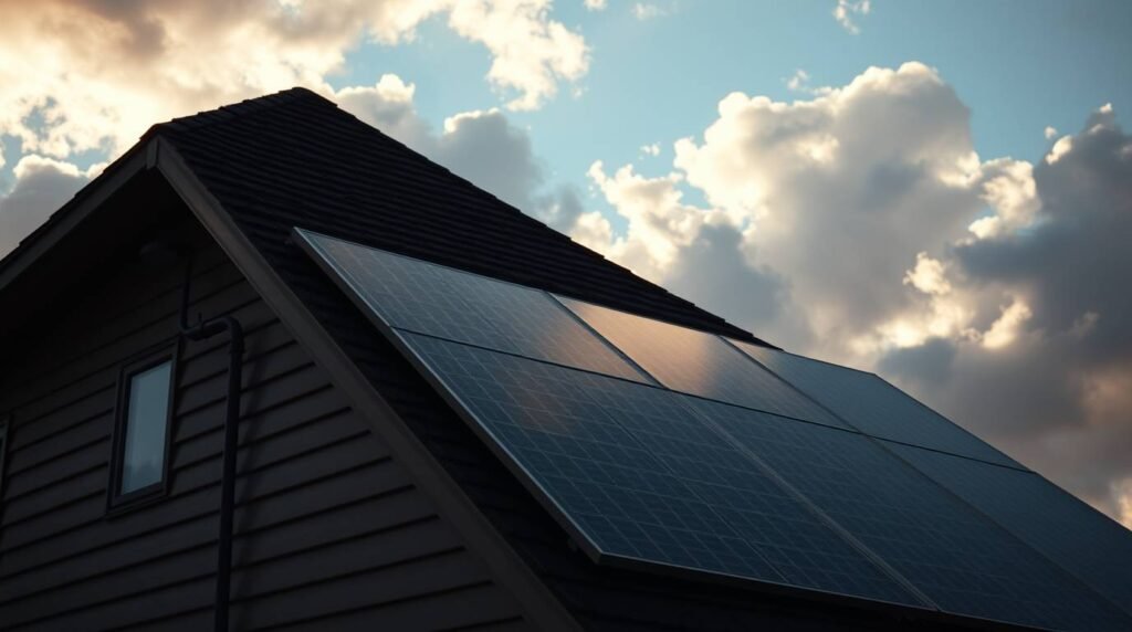 Painel solar residencial com luz do sol brilhando durante o dia, representando o conceito de energia solar que funciona durante o dia e soluções para uso à noite.