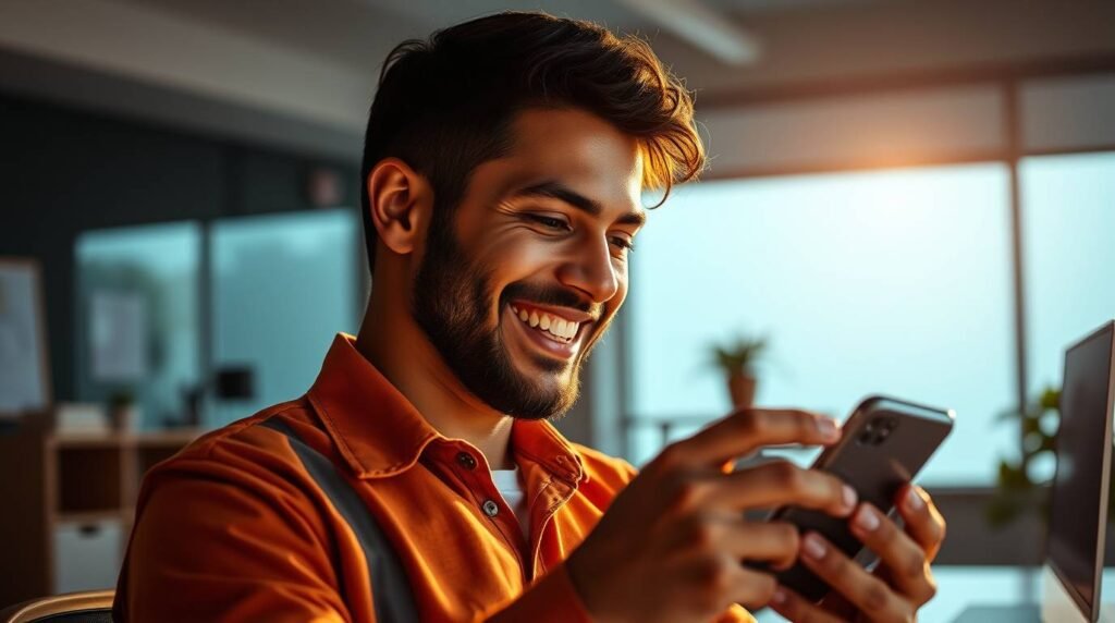 Trabalhador CLT usando celular para simular empréstimo consignado com segurança financeira.