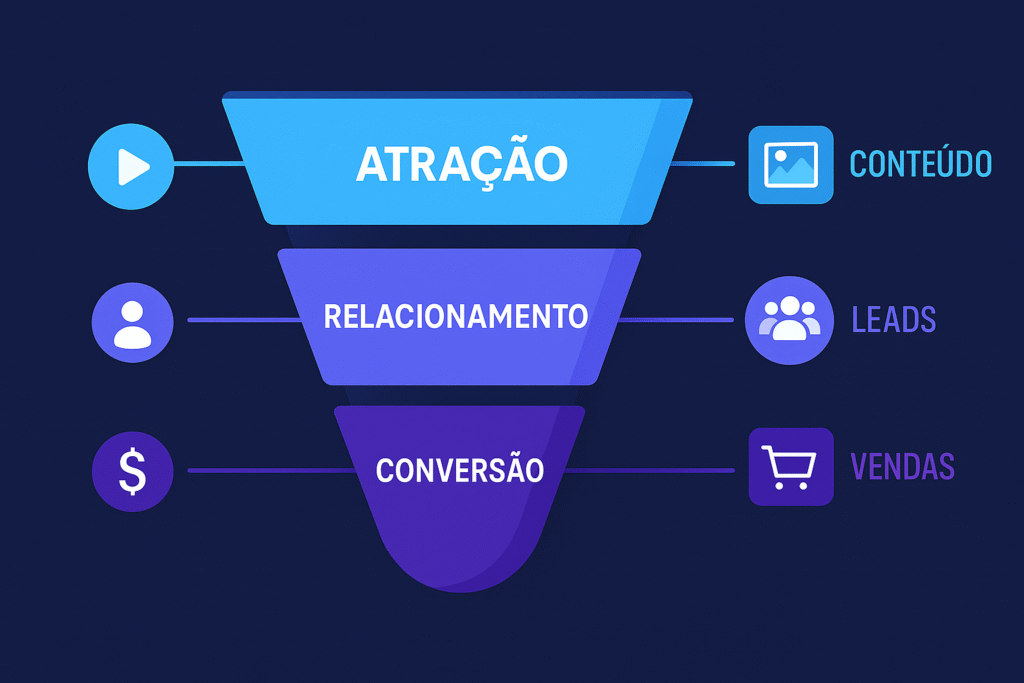 Ilustração com três funis de vendas diferentes para o mesmo negócio