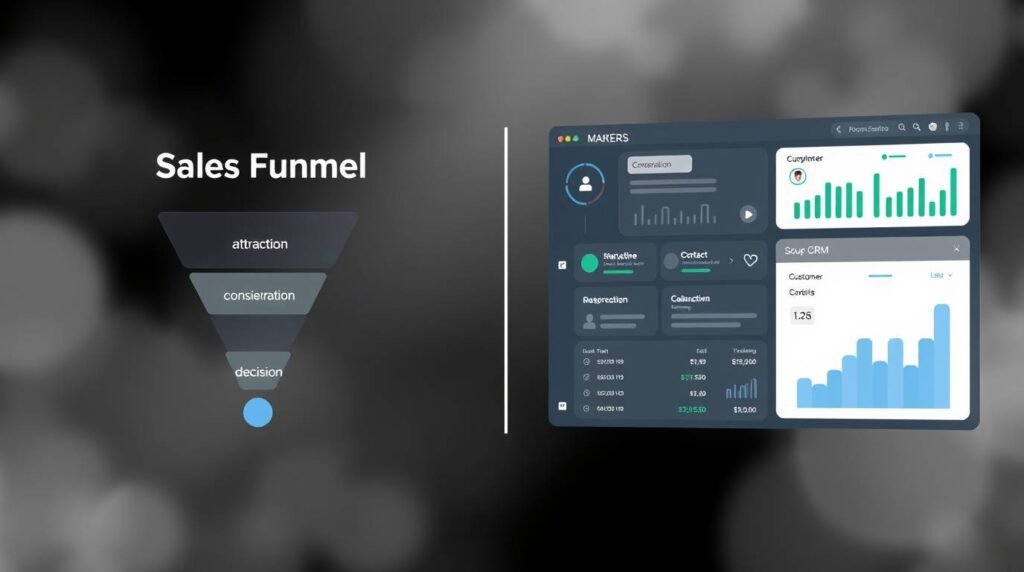 Ilustração comparando visualmente o funil de vendas com um CRM em estilo flat