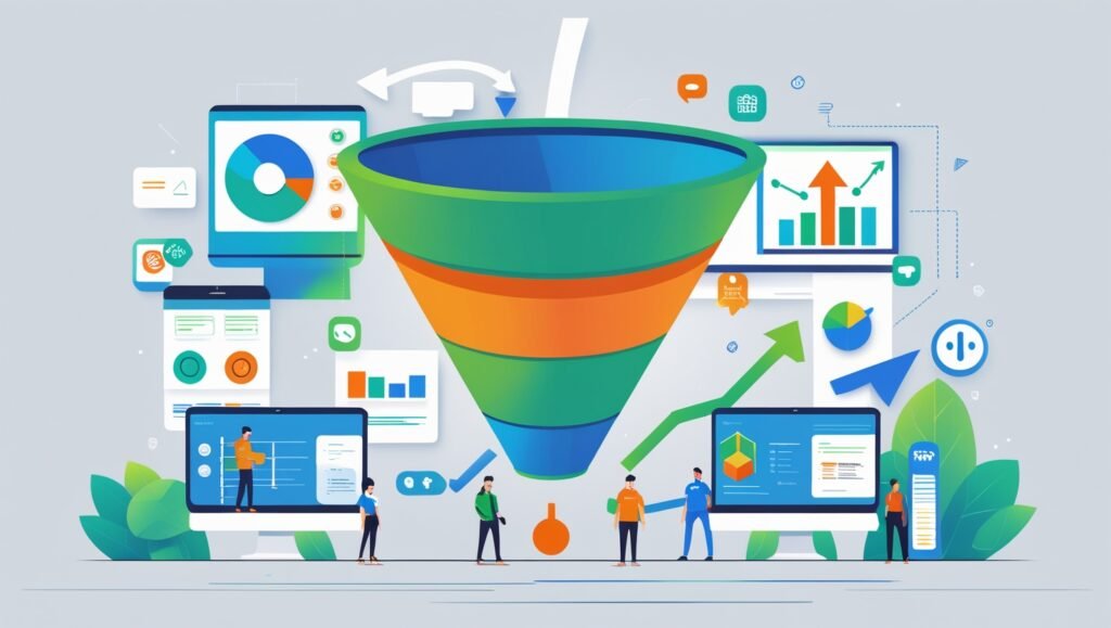 Infográfico mostrando os principais tipos de funis de vendas para marketing digital em 2025