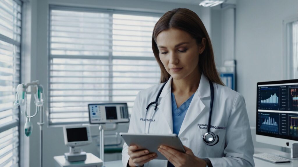 Médico em consultório moderno usando Meta Ads no tablet para conquistar mais pacientes através de marketing digital ético