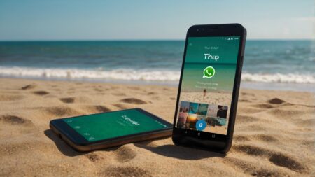 Celular mostrando um status do WhatsApp com uma foto antiga e a hashtag #TBT, explicando o que significa TBT.