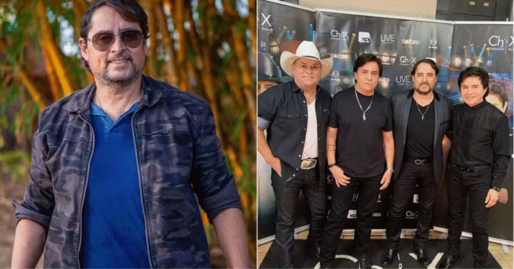 Retrato profissional do cantor sertanejo Mauri Lima, irmão da dupla Chitãozinho & Xororó, sorrindo no palco segurando um microfone.